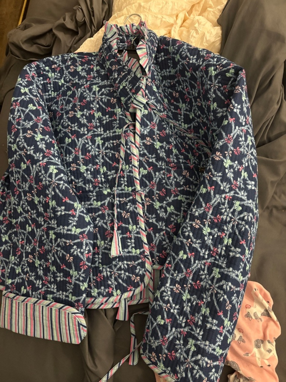 Simply Southern Navy Quilted Floral Blazer with Pink & Mint Accents